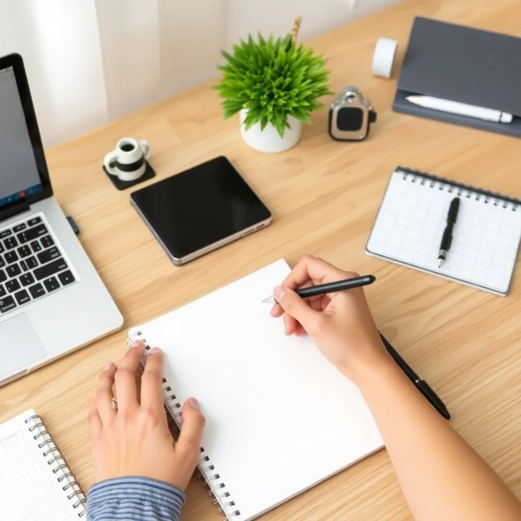 Osoba efektívne organizujúca svoj pracovný priestor s poznámkovým blokom a digitálnymi nástrojmi