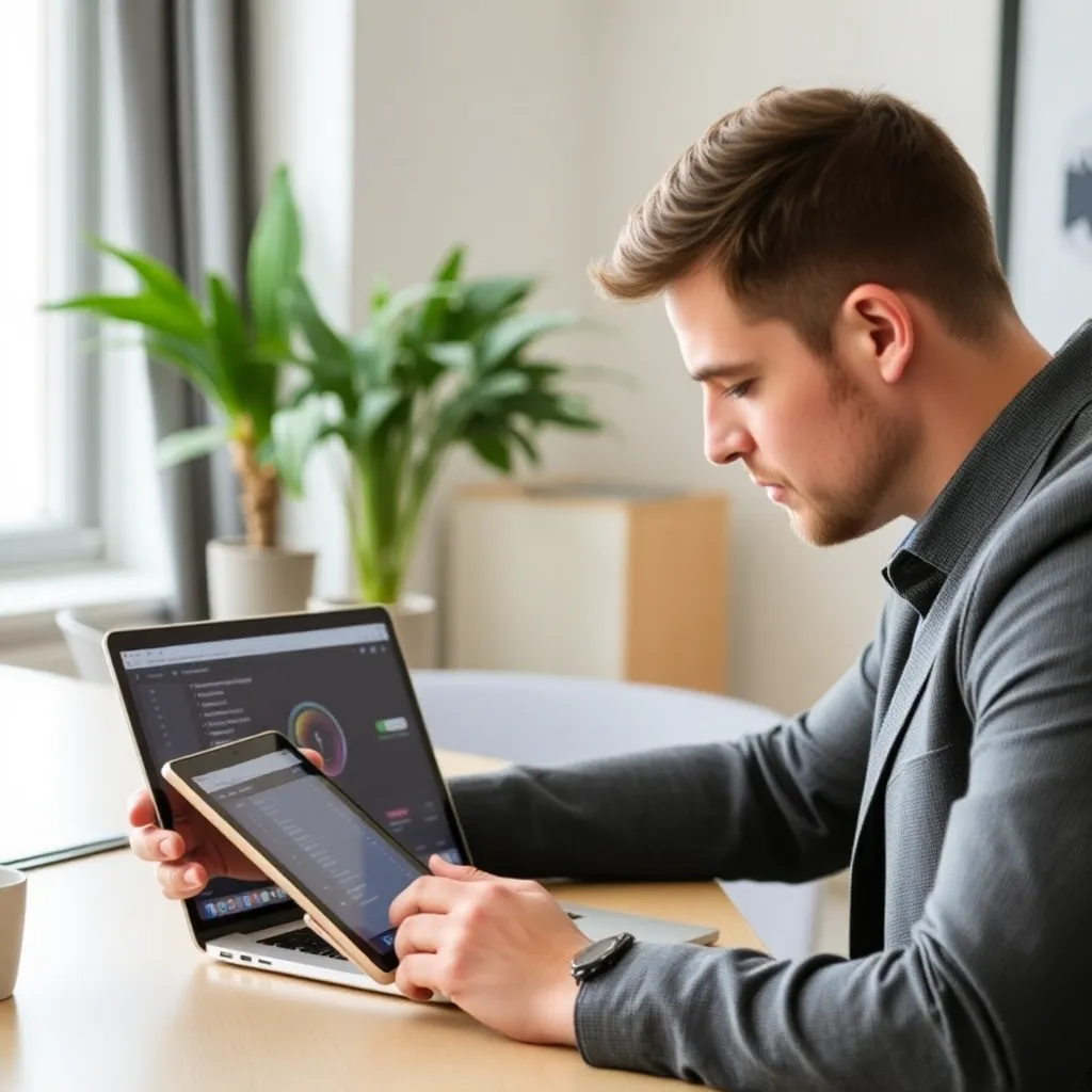 Manažér pracujúci s digitálnymi nástrojmi na produktivitu